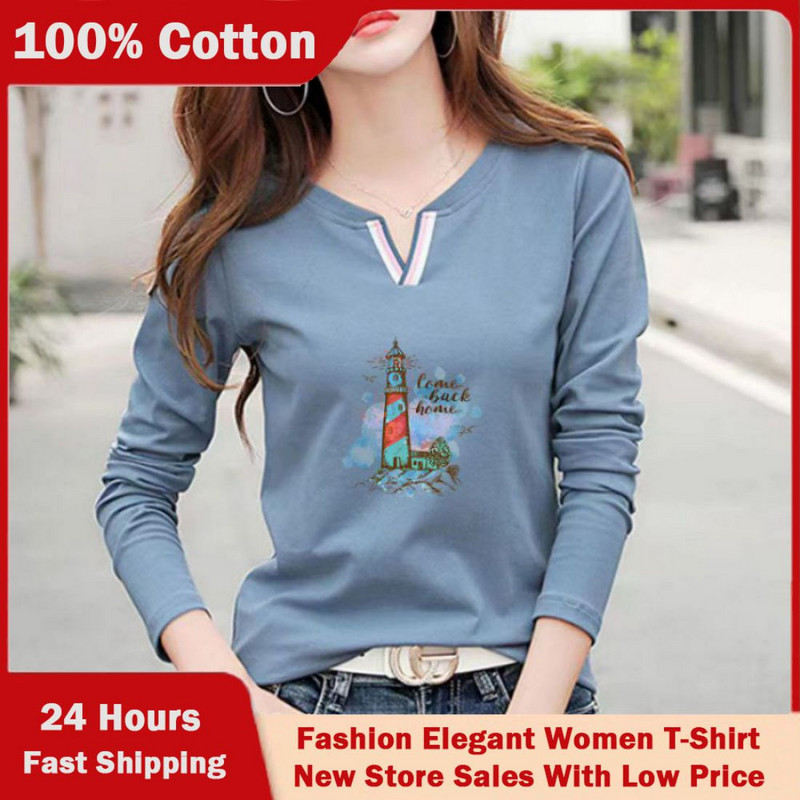 2023 Tricou nou cu decolteu în V 100% bumbac Cămașă cu mânecă lungă la modă de toamnă pentru femei Tricou liber în stil coreean Cămăși pentru femei #1184