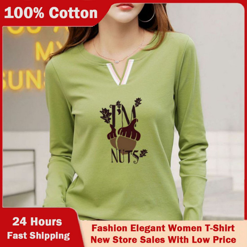 2023 Tricou nou cu decolteu în V 100% bumbac Cămașă cu mânecă lungă la modă de toamnă pentru femei Tricou liber în stil coreean Cămăși pentru femei #1184