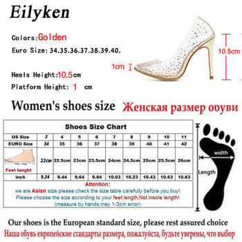 EilyKen Пролетни PVC прозрачни дамски помпи със златни кристали с високи токчета Секси парти сватбени обувки с остри пръсти Размер 41 42