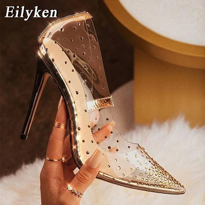 EilyKen pavasara zelta Rhinestone PVC Caurspīdīgs Sieviešu Pumpas Augstpapēžu Kurpes Seksīgi smaili Purngals Kāzu Apavi Izmērs 41 42