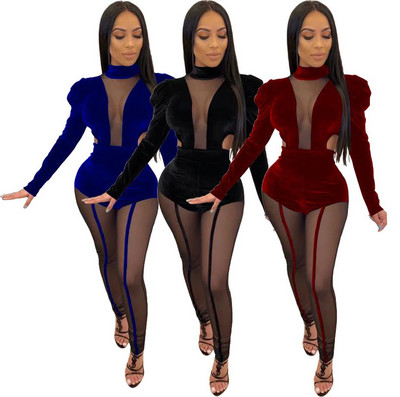 OKAYOASIS Seksualūs Moterys O formos iškirptės ilgomis rankovėmis Bodycon Velvet Jumpsuit Be Backless Elegant Mesh Club Jumpsuit Romper