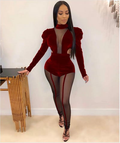 OKAYOASIS seksikad naiste O-kaelusega pikkade varrukatega Bodycon Velvet Party Jumpsuit Seljata elegantne võrk-klubi kombinesoon