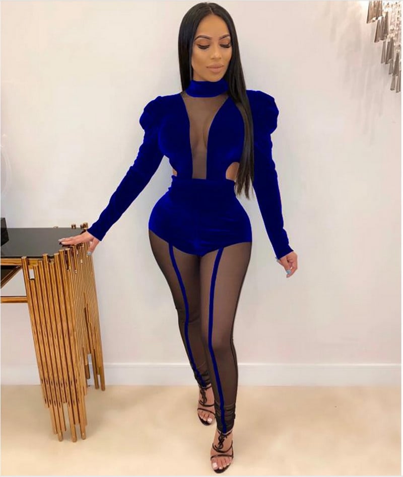 OKAYOASIS seksikad naiste O-kaelusega pikkade varrukatega Bodycon Velvet Party Jumpsuit Seljata elegantne võrk-klubi kombinesoon