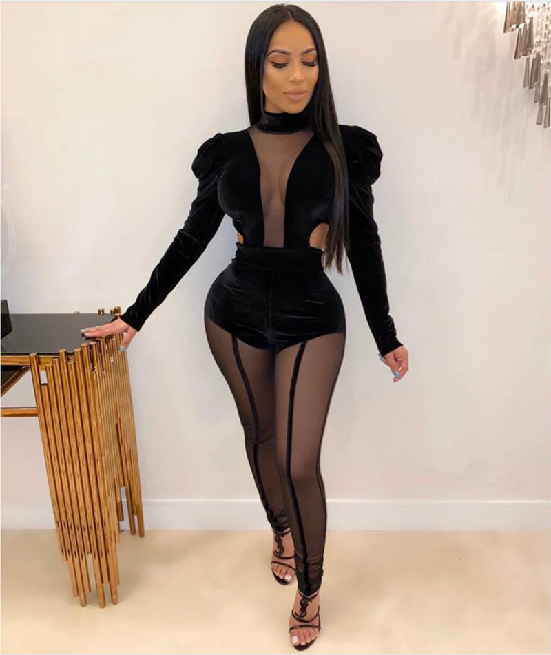 OKAYOASIS seksikad naiste O-kaelusega pikkade varrukatega Bodycon Velvet Party Jumpsuit Seljata elegantne võrk-klubi kombinesoon