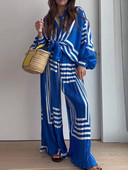 Jarný elegantný nohavicový kostým s potlačou, dámsky letný kostým 2023, košele s lancerovými rukávmi, široké nohavice, súprava, dámske modré voľné obleky