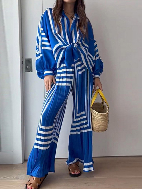 Jarný elegantný nohavicový kostým s potlačou, dámsky letný kostým 2023, košele s lancerovými rukávmi, široké nohavice, súprava, dámske modré voľné obleky