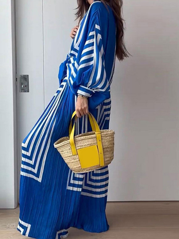 Jarný elegantný nohavicový kostým s potlačou, dámsky letný kostým 2023, košele s lancerovými rukávmi, široké nohavice, súprava, dámske modré voľné obleky