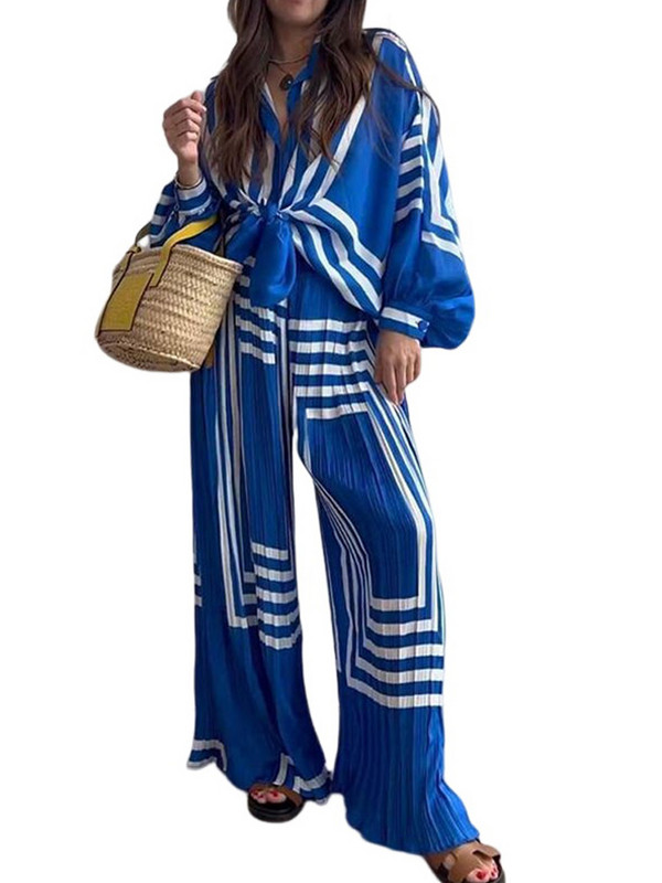 Jarný elegantný nohavicový kostým s potlačou, dámsky letný kostým 2023, košele s lancerovými rukávmi, široké nohavice, súprava, dámske modré voľné obleky