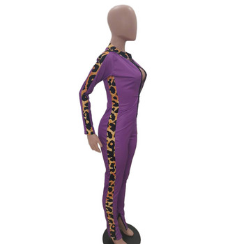 BKLD Purple Sexy Bodycon Jumpsuit Romper Μακρυμάνικο Leopard Patchwork Γυναικείο κορμάκι με φερμουάρ V-λαιμόκοψη Κομψό 2019 Club Jumpsuits