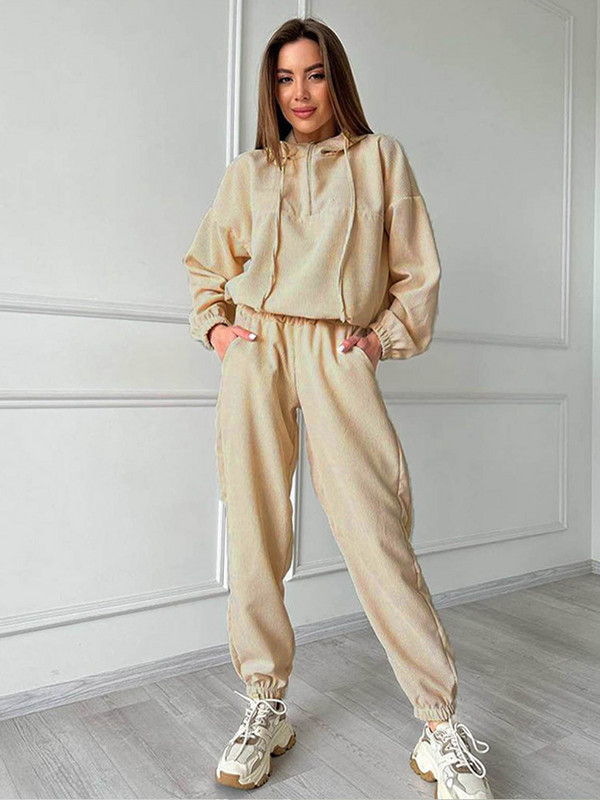 Sportske majice s kapuljačom Tajice Odijelo Ženske jesenske majice dugih rukava od samta Hlače visokog struka Komplet od 2 komada Jednobojna ležerna ženska odijela 2023.
