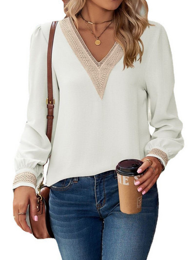 Ženske čipkane šifonske majice dugih rukava s V-izrezom