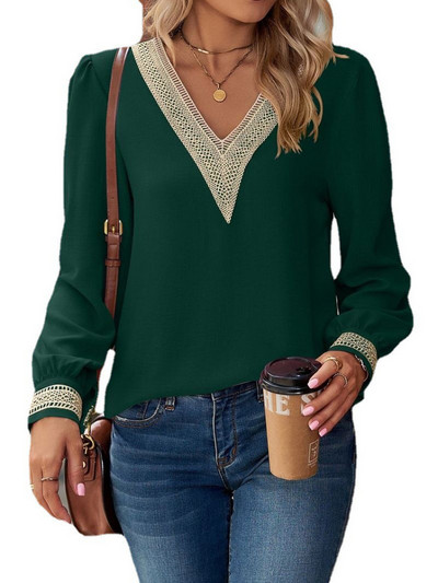 Ženske čipkane šifonske majice dugih rukava s V-izrezom