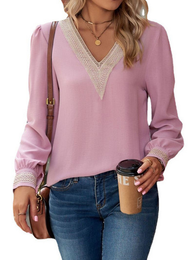 Ženske čipkane šifonske majice dugih rukava s V-izrezom