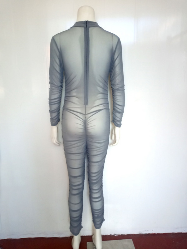 BKLD Novi ženski kombinezon s mrežastim kombinezonima s naborima i O-izrezom Jesen 2023. Bodi dugih rukava Klubska odjeća Seksi prozirni ženski kombinezoni