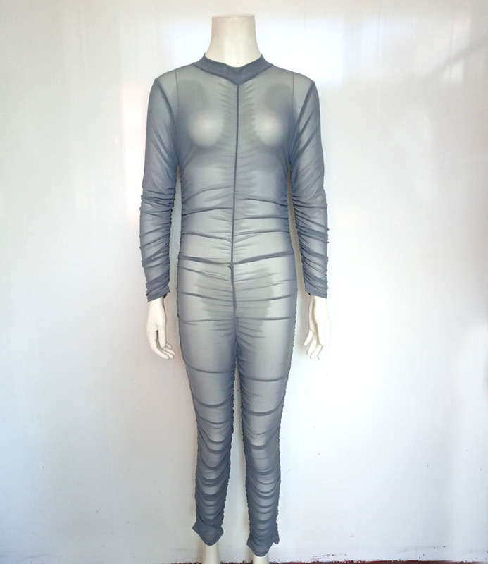 BKLD Novi ženski kombinezon s mrežastim kombinezonima s naborima i O-izrezom Jesen 2023. Bodi dugih rukava Klubska odjeća Seksi prozirni ženski kombinezoni