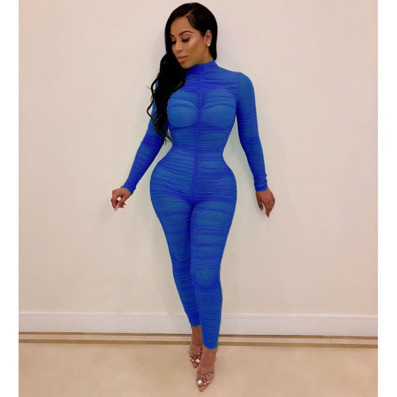 BKLD Novi ženski kombinezon s mrežastim kombinezonima s naborima i O-izrezom Jesen 2023. Bodi dugih rukava Klubska odjeća Seksi prozirni ženski kombinezoni