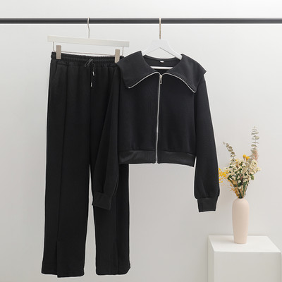 Ulična odjeća Ležerna sportska dvodijelna odijela Ženske kratke majice s patentnim zatvaračem Kaputi + široki kompleti hlača sa širokim nogavicama Modni šik set s prorezima