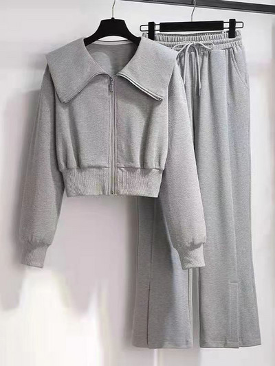 Ulična odjeća Ležerna sportska dvodijelna odijela Ženske kratke majice s patentnim zatvaračem Kaputi + široki kompleti hlača sa širokim nogavicama Modni šik set s prorezima