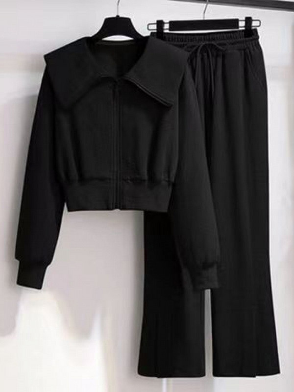 Ulična odjeća Ležerna sportska dvodijelna odijela Ženske kratke majice s patentnim zatvaračem Kaputi + široki kompleti hlača sa širokim nogavicama Modni šik set s prorezima