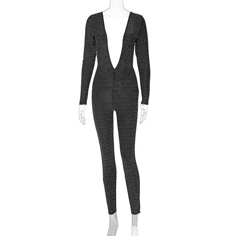 Dámske oblečenie BKLD 2022 Nová jarná móda Svetlý hodvábny lesklý výstrih do V s dlhým rukávom Sexy odhalený priliehavý overal s dlhým rukávom a odhaleným chrbtom Párty Clubwear