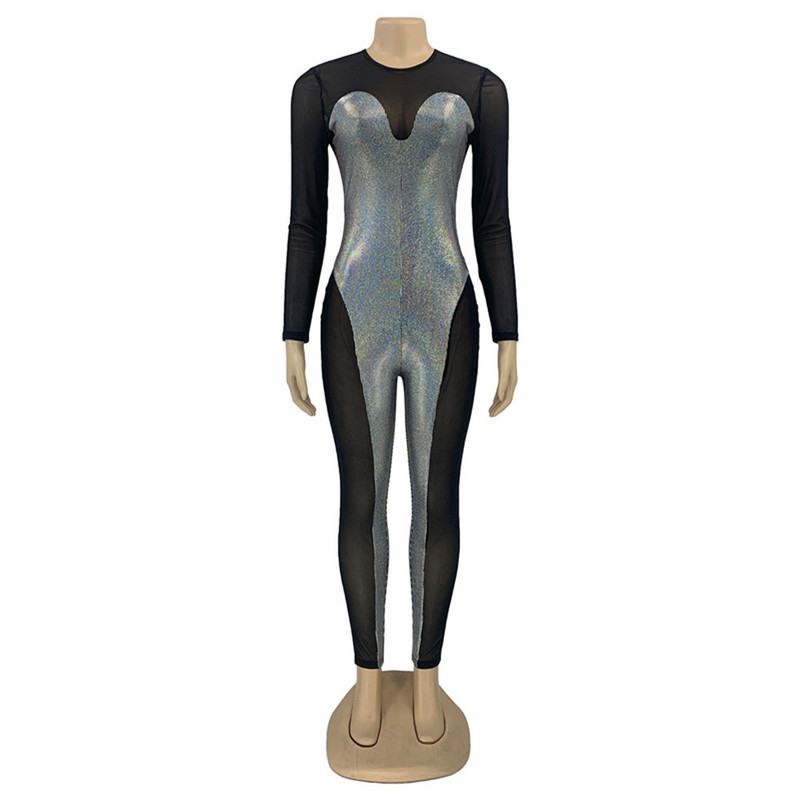 Letné oblečenie BKLD pre ženy 2023 Nové sexy patchworkové perspektívne nočné klubové oblečenie s okrúhlym výstrihom a dlhým rukávom, jednodielne