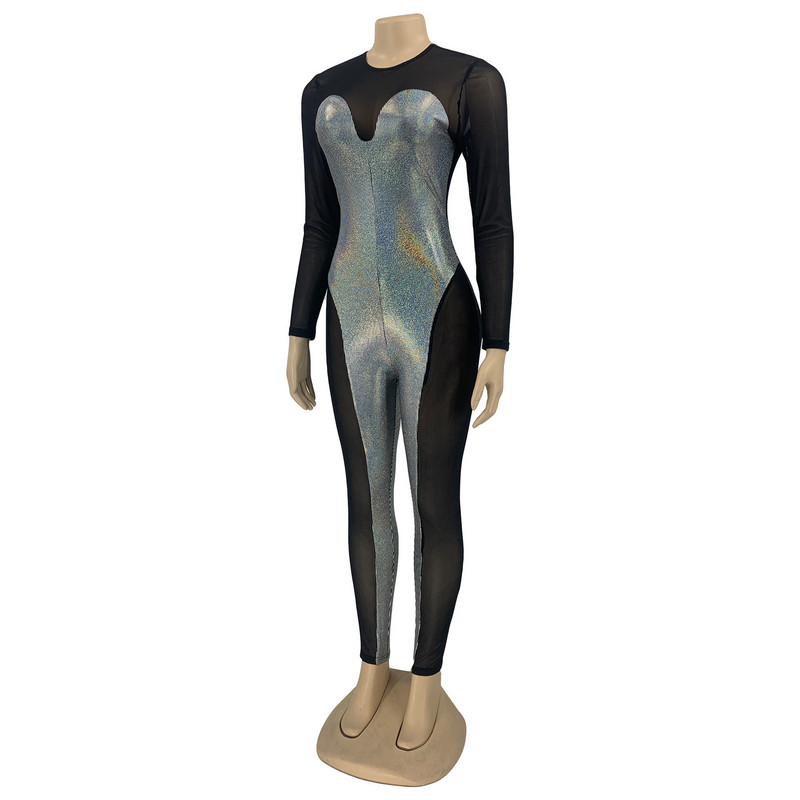 Letné oblečenie BKLD pre ženy 2023 Nové sexy patchworkové perspektívne nočné klubové oblečenie s okrúhlym výstrihom a dlhým rukávom, jednodielne