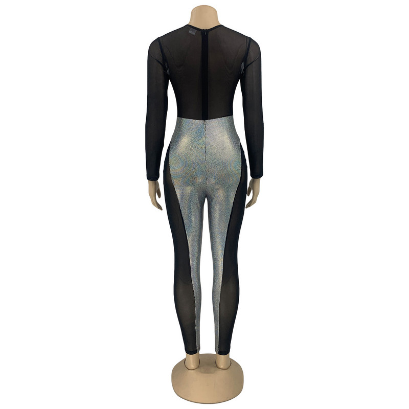 Letné oblečenie BKLD pre ženy 2023 Nové sexy patchworkové perspektívne nočné klubové oblečenie s okrúhlym výstrihom a dlhým rukávom, jednodielne