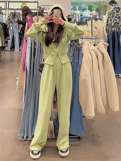 Jesenná tepláková súprava 2023 pre ženy, dvojdielna súprava, kórejská mikina so zipsom a sťahovacou šnúrkou, tepláky na ležérny zips, pevné športové oblečenie, dámsky oblek