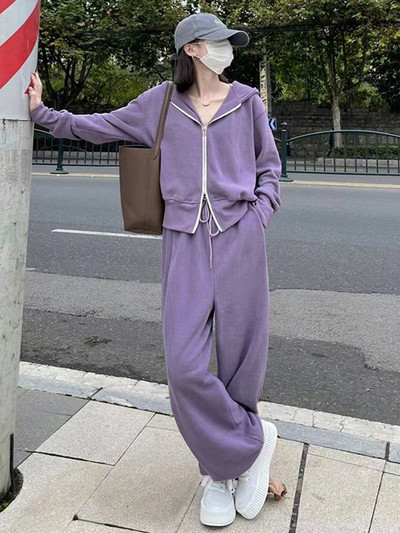 Jesenná tepláková súprava 2023 pre ženy, dvojdielna súprava, kórejská mikina so zipsom a sťahovacou šnúrkou, tepláky na ležérny zips, pevné športové oblečenie, dámsky oblek