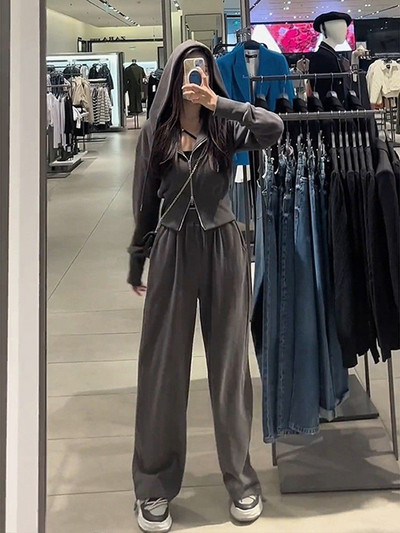 Jesenná tepláková súprava 2023 pre ženy, dvojdielna súprava, kórejská mikina so zipsom a sťahovacou šnúrkou, tepláky na ležérny zips, pevné športové oblečenie, dámsky oblek