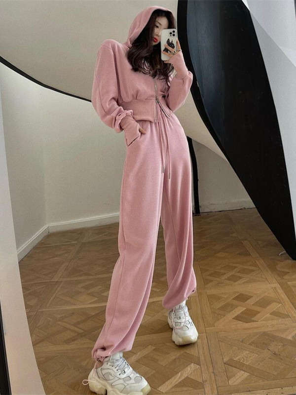 Jesenná tepláková súprava 2023 pre ženy, dvojdielna súprava, kórejská mikina so zipsom a sťahovacou šnúrkou, tepláky na ležérny zips, pevné športové oblečenie, dámsky oblek