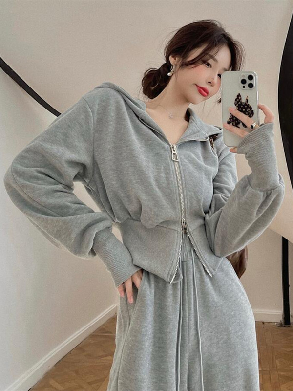 Jesenná tepláková súprava 2023 pre ženy, dvojdielna súprava, kórejská mikina so zipsom a sťahovacou šnúrkou, tepláky na ležérny zips, pevné športové oblečenie, dámsky oblek