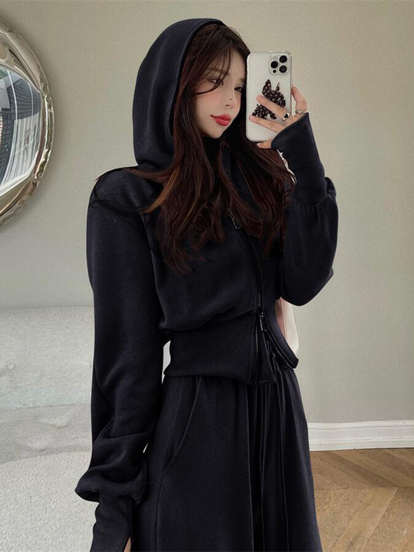 Jesenná tepláková súprava 2023 pre ženy, dvojdielna súprava, kórejská mikina so zipsom a sťahovacou šnúrkou, tepláky na ležérny zips, pevné športové oblečenie, dámsky oblek