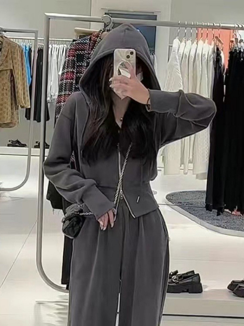 Jesenná tepláková súprava 2023 pre ženy, dvojdielna súprava, kórejská mikina so zipsom a sťahovacou šnúrkou, tepláky na ležérny zips, pevné športové oblečenie, dámsky oblek