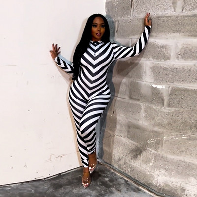BKLD ženska odjeća 2023. proljeće ljeto novi modni uski uski kombinezon dugih rukava na crne i bijele pruge okruglog izreza