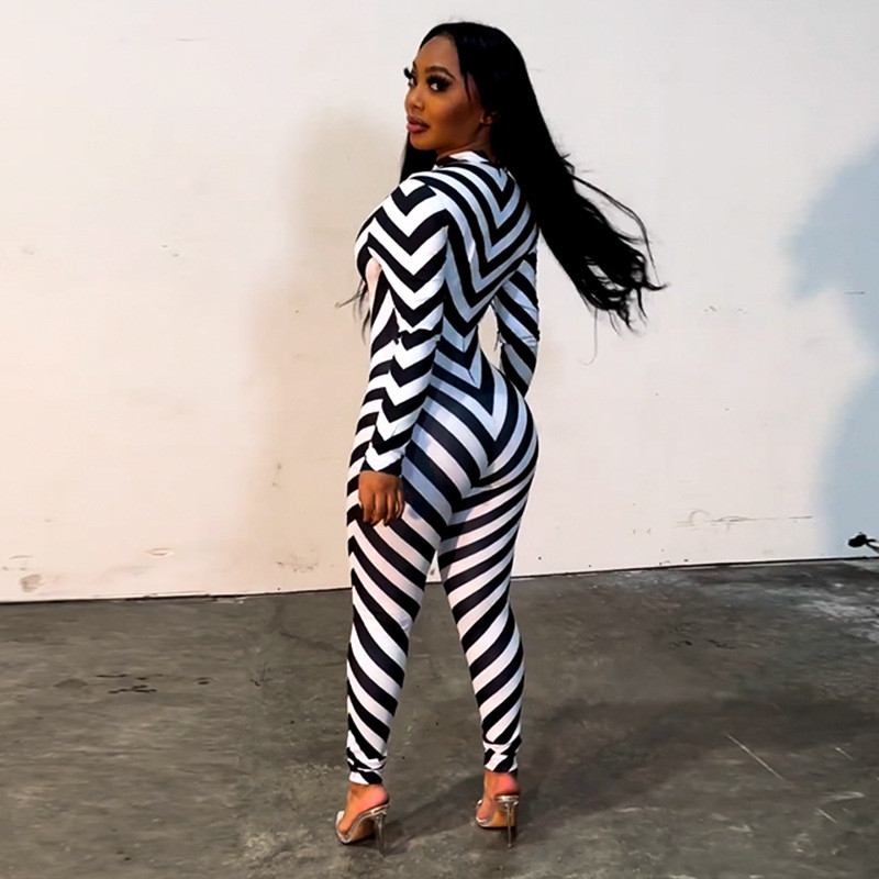 BKLD ženska odjeća 2023. proljeće ljeto novi modni uski uski kombinezon dugih rukava na crne i bijele pruge okruglog izreza