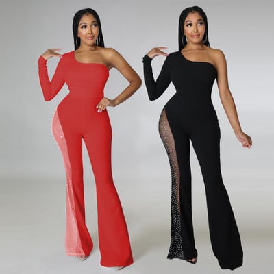 BKLD Fashion új hálós patchwork gyémántok egy váll, hosszú ujjú, szexi party Jumpsuit klubruha női nyári ruhák