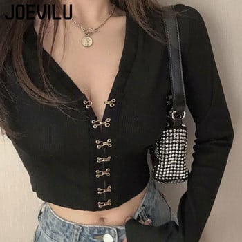 JOEVILU Chic Crop Tops Σέξι πλεκτή ζακέτα με λαιμόκοψη σε V λαιμόκοψη, μακρυμάνικο μπλουζάκι για την άνοιξη και το φθινόπωρο Γυναικεία κορεάτικα Y2k κορυφαία γοτθικά ρούχα