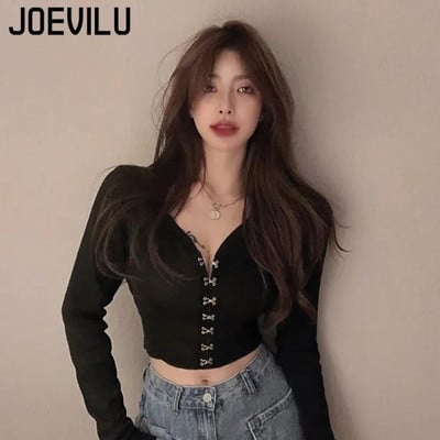 JOEVILU Chic Crop Topuri Sexy cu decolteu în V Cardigan tricotat de primăvară și toamnă Tricou cu mânecă lungă pentru femei coreeană Y2k Top Haine gotice