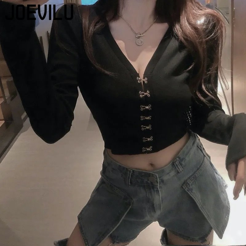 JOEVILU Chic Crop Topuri Sexy cu decolteu în V Cardigan tricotat de primăvară și toamnă Tricou cu mânecă lungă pentru femei coreeană Y2k Top Haine gotice
