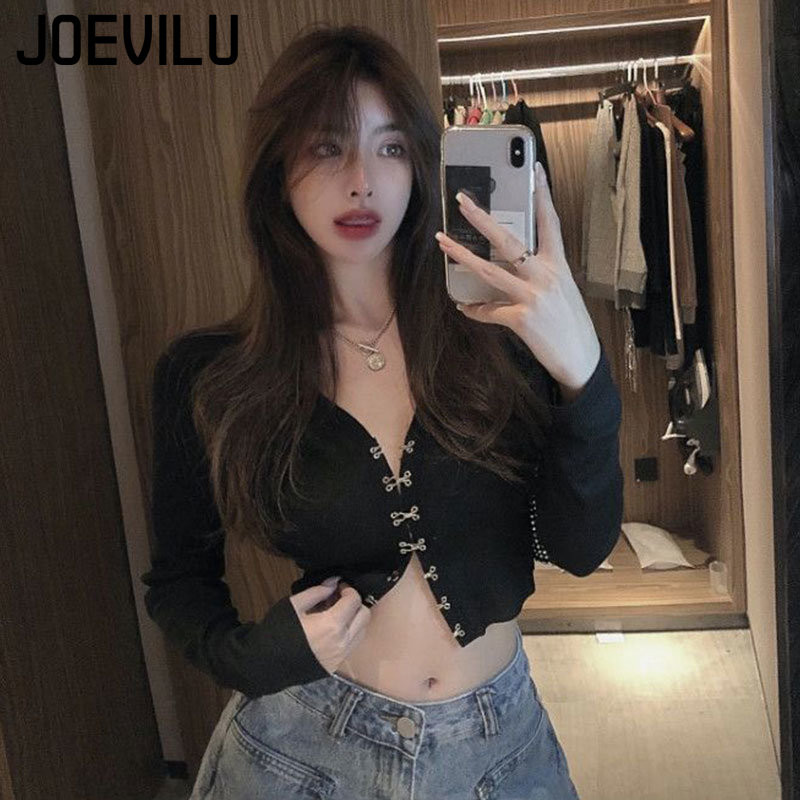 JOEVILU Chic Crop Topuri Sexy cu decolteu în V Cardigan tricotat de primăvară și toamnă Tricou cu mânecă lungă pentru femei coreeană Y2k Top Haine gotice
