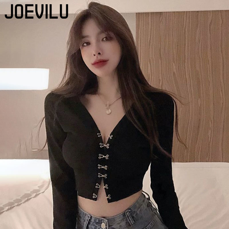JOEVILU Chic Crop Topuri Sexy cu decolteu în V Cardigan tricotat de primăvară și toamnă Tricou cu mânecă lungă pentru femei coreeană Y2k Top Haine gotice