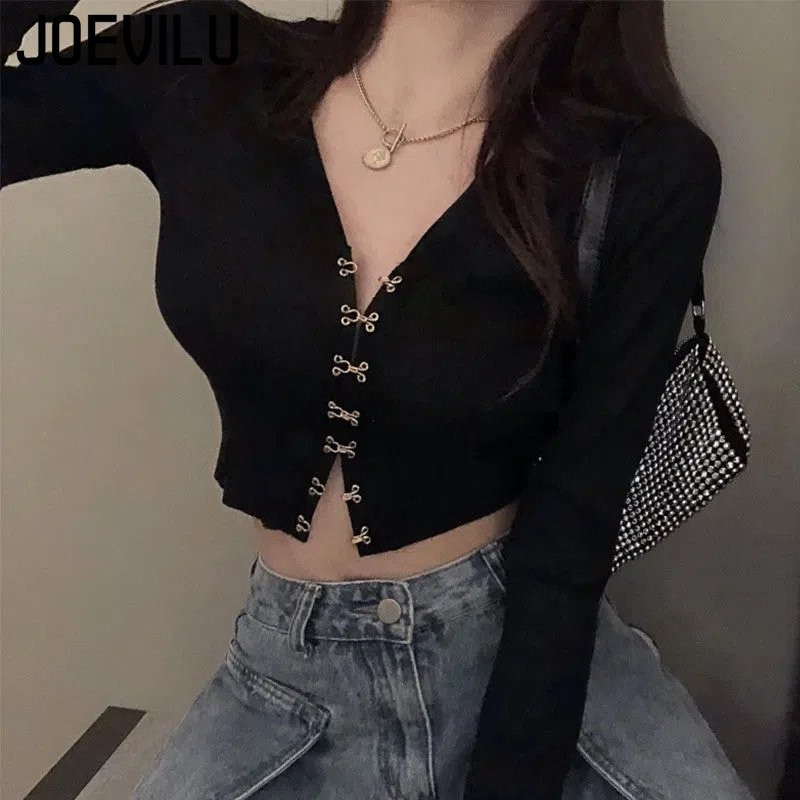 JOEVILU Chic Crop Topuri Sexy cu decolteu în V Cardigan tricotat de primăvară și toamnă Tricou cu mânecă lungă pentru femei coreeană Y2k Top Haine gotice