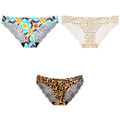 3 ks/sada dámskych bezšvových spodných prádel, intímnych dámskych sexi čipkovaných čiernych kvetinových nohavičiek