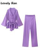 Elegantni ženski ljubičasti kompleti dugih hlača 2023. Modni blejzer na vezanje Jakna s visokim strukom Dvodijelni kompleti Uredska ženska odjeća