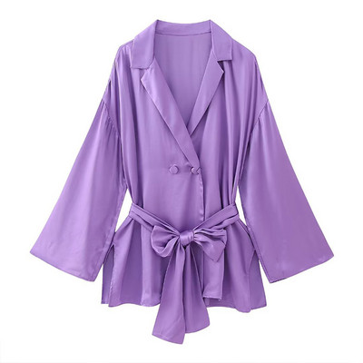 Elegantni ženski ljubičasti kompleti dugih hlača 2023. Modni blejzer na vezanje Jakna s visokim strukom Dvodijelni kompleti Uredska ženska odjeća