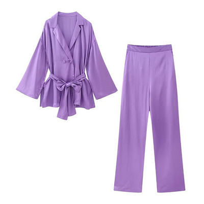 Elegantni ženski ljubičasti kompleti dugih hlača 2023. Modni blejzer na vezanje Jakna s visokim strukom Dvodijelni kompleti Uredska ženska odjeća