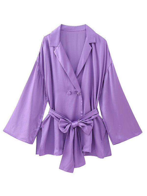 Elegantni ženski ljubičasti kompleti dugih hlača 2023. Modni blejzer na vezanje Jakna s visokim strukom Dvodijelni kompleti Uredska ženska odjeća