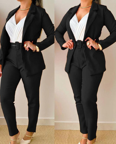 Dvodijelni set Ženska majica dugih rukava s jednobojnim dizajnom i uskim pencil hlačama Ženska jesensko-zimska odjeća