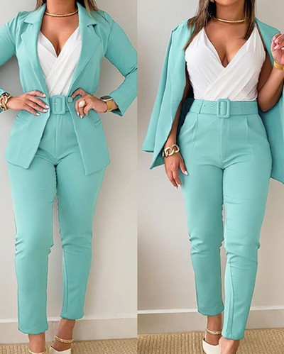 Dvodijelni set Ženska majica dugih rukava s jednobojnim dizajnom i uskim pencil hlačama Ženska jesensko-zimska odjeća